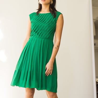 1960s Kelly Green Silk Georgette Pleated Cocktail Dress 