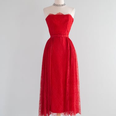 Elegant 1950's Crimson Red Lace Strapless Evening Dress / S