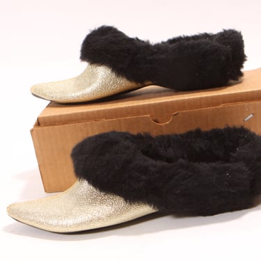 Deadstock 1960s Gold Metallic and Black Faux Fur Slip On House Shoes Slippers-Size 7 