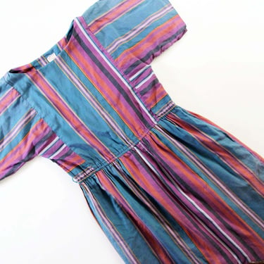 Vintage 80s Striped Colorful Sundress S M - 1980s Relaxed Fit Wide Sleeve Pink Blue Dress - Casual Boho Hippie Style 