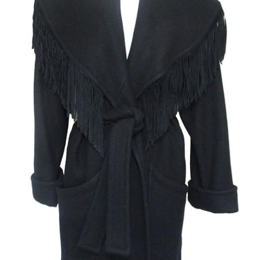 Fringe Coat, Vintage 80s, Donnybrook Coat, Black Wool Blend, Leather Fringe, Small Women 