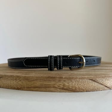 Vintage 90s Black Vegan Leather White Stitched Thin Belt - XS/S 