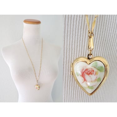 Vintage Heart Locket Necklace - Floral Ceramic Pendant Long Necklace - Costume Jewelry 