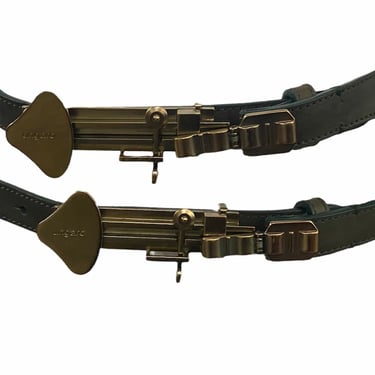Ungaro Green Leather Double Buckle Belt with Burnished Brass Hardware