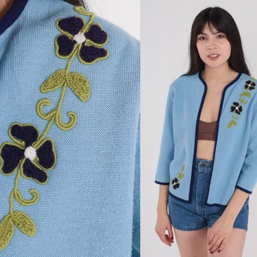 Floral Cardigan 70s Baby Blue Knit Sweater Open Front Embroidered Flower Print Retro Grandma Sweater Girly Acrylic Vintage 1970s Small S 