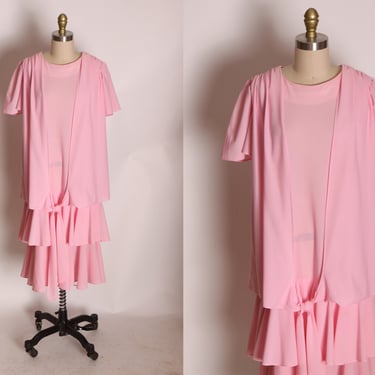 1970s Does 1920s Drop Waist Flapper Style Tiered Pink Ruffle Dress by TF -1XL 