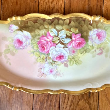 Elite Works LIMOGES FRANCE~ Hand Painted, Signed~ Beautiful Pink Rose Bouquet Porcelain Oval Serving Dish~ 14K Gold Trim~ French Decor 