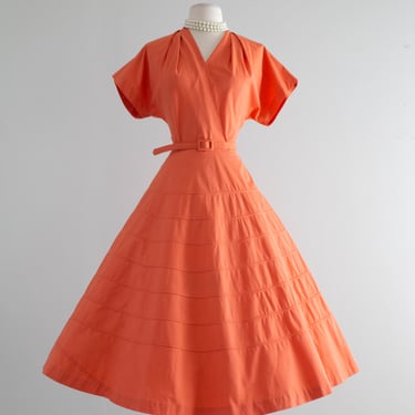 Crisp 1950's Coral Cotton Day Dress With Full Skirt / Medium