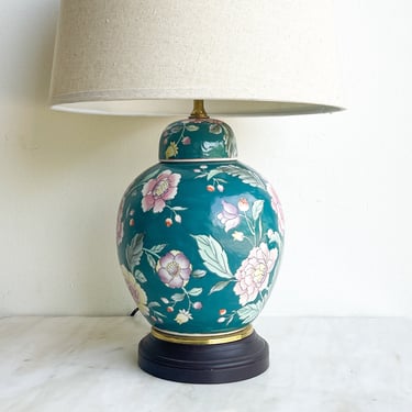 Vintage Chinese Porcelain Ginger Jar Lamp Floral Painted with Brass Detail Pastel Teal with Pink Flowers Table Lamp Bedside Nightstand Light 