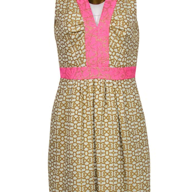 Milly - Cream & Green Print Sleeveless Dress w/ Pink Trim Sz 6