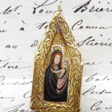 Vintage Hand Painted French Miniature Portrait of Saint Mary with Christ Child Jesus Pendant,  Madonna Painting Religious Art 