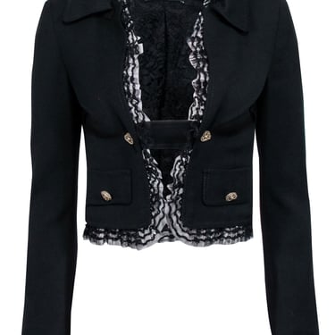 Dolce &amp; Gabbana - Black Cropped Blazer w/ Lace Trim &amp; Double Breasted Buttons Sz 2
