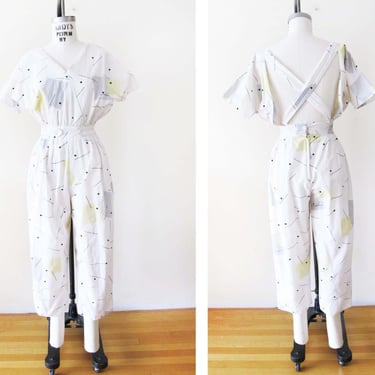 Vintage 80s Womens Jumpsuit S - 1980s White Abstract Print Open X Back Cotton One Piece 