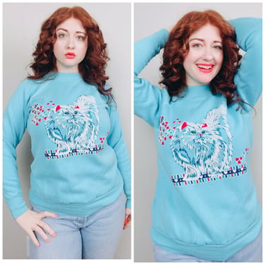 1980s Vintage Blue Cotton Kitty Sweatshirt / 80s Magical Cat Novelty Print Knit Jumper / Size Large 
