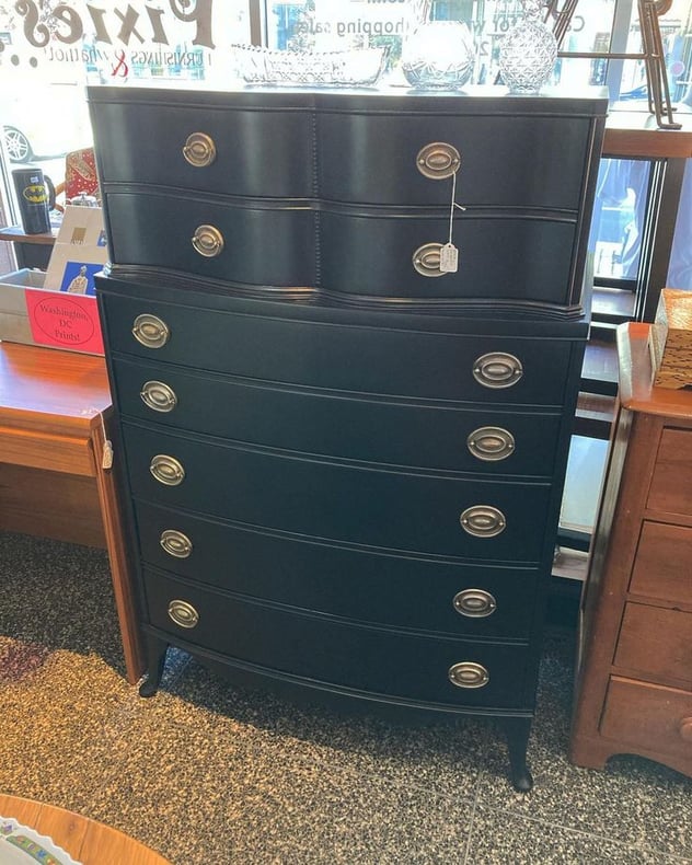 Black painted tall chest of drawers. Beautiful lines!  21” x 35” x 53”
