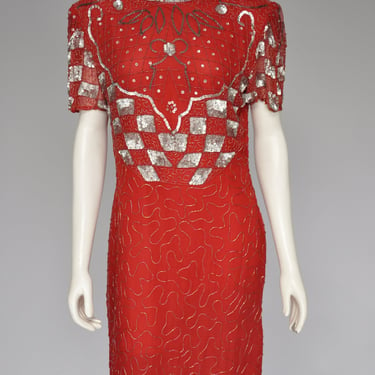 vintage 1980s red and silver beaded & sequin dress holiday XS-M 
