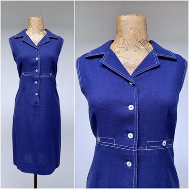 Vintage 1960s Sleeveless Blue Dress, 60s Navy Rayon-Cotton Shift, Mid-Century Summer Sheath, Petite Size 34 Bust 