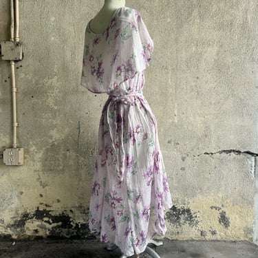 Vintage 1930s Purple & Green Floral Print Cotton Dress Wrap Belt Full Length
