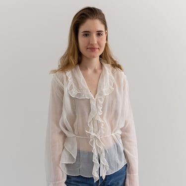 Vintage White Semi Sheer Romantic Blouse | Swiss Dot Pleated Ruffle Shirt | S M | 