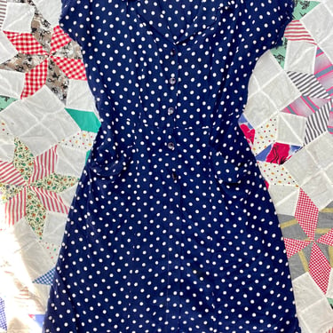 Vintage 40s Blue Polka Dot Cotton House Dress Pockets Small Medium Button Down Chore Handmade by TimeBa