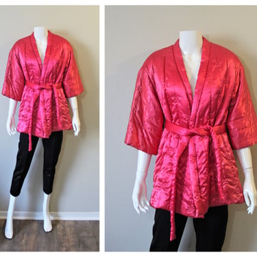 Vintage 50s 60s Rhapsody Hot pink Black Hollywood Pajama Quilted kimono Robe Lounge Set // Modern Size US 0 2 4  xs Small 