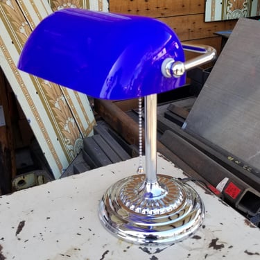 Cobalt Blue Glass Shade Desktop Bank Lamp