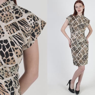 Tiled Animal Print Dress / Vintage 80s Striped Leopard Pattern / 1980s Tiger Jungle Shift Dress / Desert Safari Cocktail Mini Dress 