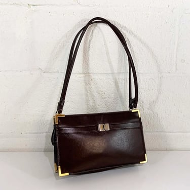 Vintage Handbag Bag Leather 1970s 1960s Shoulder Purse Satchel Brown Gold Vinyl Structured Evening Minimalist Minimal 
