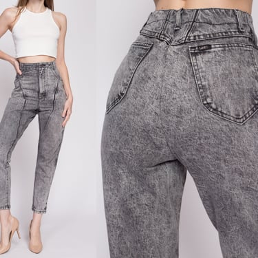 80s Lee Acid Wash High Waisted Curvy Fit Jeans - Extra Small | Vintage Faded Black Grey Denim Tapered Leg Mom Jeans 