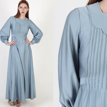 70s Structured Grecian Disco Dress / Billowy Sleeve Sweeping Long Pleated Skirt / Womens Cocktail Lounge Singer Maxi Dress 