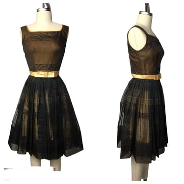 1950s Black and Gold Full Circle Skirt Party Cocktail Dress 