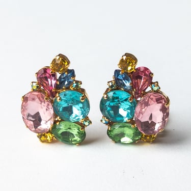 Vintage Pastel Rhinestone Earrings / 1960s Sparkling Statement Earrings 