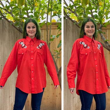 Vintage 1970’s Red Western Shirt with Horseshoe Embroidery 