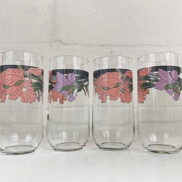 Vintage Floral Glasses Flower Glass Set of 4 Pink Purple Floral Iris 1980s 80s Flowers Noritake Cafe Du Soir Dopamine Decor 