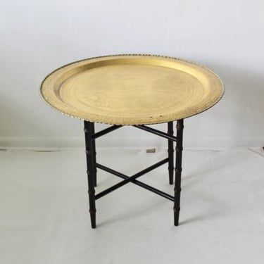 Asian Style Large Round Brass Tray Table on Folding Wood Stand Vintage Mid-Century 