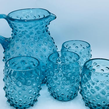 Pretty Set (5) Marine Blue Hobnail Pitcher Set- Chip Free 