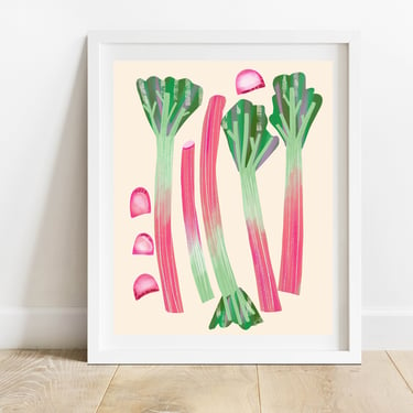 Rhubarb Stalks and Slices 8 X 10 Art Print/ Vegetable Garden Wall Decor/ Kitchen Food Illustration/ Farmers Market Produce Art 