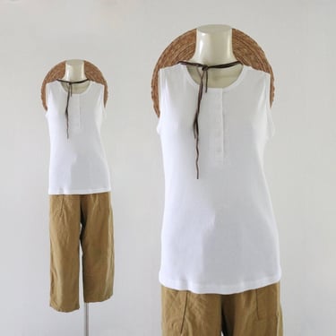 ribbed knit top - m - vintage womens 80s 90s white sleeveless top shirt casual comfortable summer button minimal 