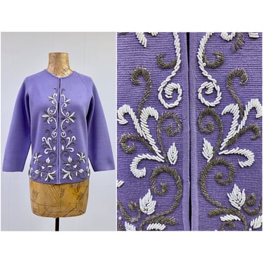 Vintage 1960s Lilac Beaded Sweater, Fancy Purple Mid-Century Cardigan, 60s Hong Kong Knit, Medium 40