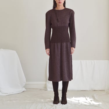 speckled knit brown and purple crewneck midi sweater dress with puff sleeves ribbed waistline 