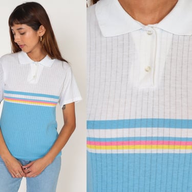 Striped Polo Shirt 80s Ribbed Collared Shirt White Baby Blue Color Block Short Sleeve Button up Preppy Pink Yellow Vintage 1980s Small S 