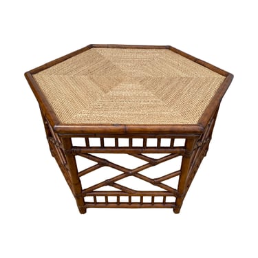 Rattan Coffee Table with Fretwork and Lampakani Rope - Hexagon Tommy Bahama Coastal Boho Chic Hollywood Regency Bamboo Style Furniture 
