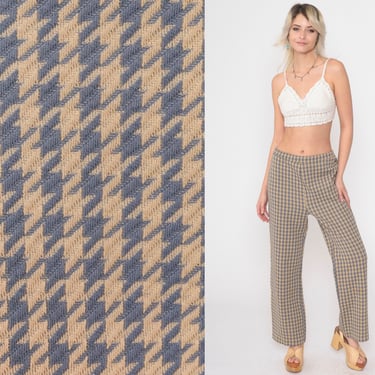 70s Houndstooth Pants Flared Trousers High Elastic Waisted Tan Grey Checkered Seventies Flares Hippie Boho Vintage 1970s Small Medium 