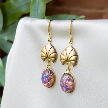 pink fire opal earrings, Art Deco jewelry, gold medallion dangle drop earrings, pink crystal earrings, gift for her 