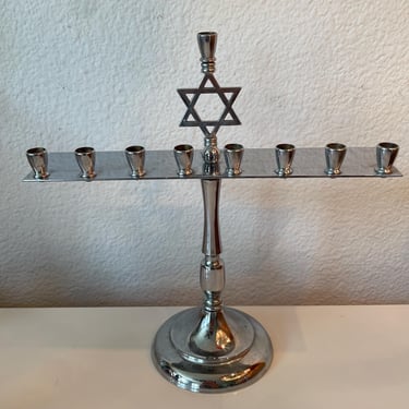 Chrome Menorah Candle Holder | Pillar Pedestal Votive Candlestick Holder | David Star Silver Tone Menorah Candle Holder 