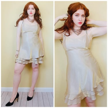 1990s Vintage Gold Diaphonous Tiered Mini Dress / 90s Charmeuse Babydoll Empire Waist Dress / Size Medium 