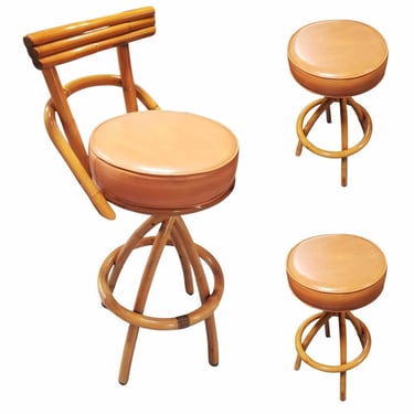 Restored Rattan Spiral Legs Orange Barstool Set of Three with Swivel Seats 