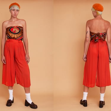 Vintage 70s Rust Orange High Waisted Sheer Pleated Culottes / Palazzo Pants 