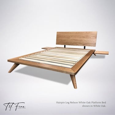 Nelson Bed Frame Hairpin Legs, Platform Bed Solid Wood, Oak Cherry Walnut Maple, Adjustable Headboard 