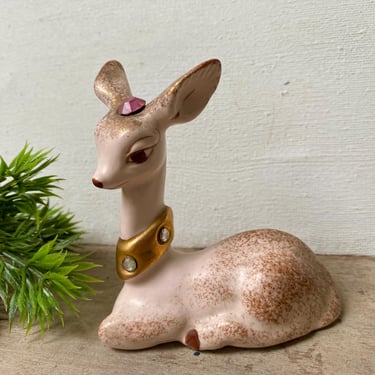 Mid Century Mod Pink Deer With Rhinestones, Christmas Decor, Lone Deer Gem Collar, Pink Rhinestone On Head 